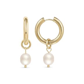 14K Real Gold Plated Freshwater Pearl Dangle Drop Hoop Earrings, Gold Dangle Hoops for Women and Girls