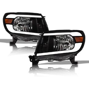 Alpha Owls 8717745 Crystal Headlights With White LED Light Bar - Black Amber Fits 2005-2011 Toyota Tacoma