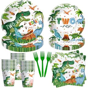 Dinosaur Two Rex Birthday Decorations Boy - Dinosaur Birthday Party Supplies, Paper Plate, Cup, Napkin, Fork, Dino Theme Dinosaur 2-Year-Old Birthday Party Decorations Tableware | 24 Guests