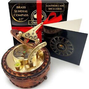 Brass Sundial Compass in Leather Case - Nautical Gifts for Men, Antique Sailing Anniversary Gadget for Him, Unusual Unique Nautical Decor, Naval Maritime Pocket Watch Clock