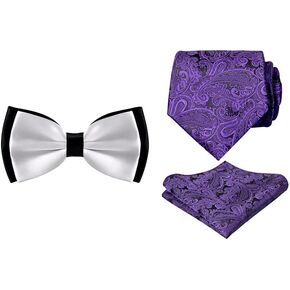 Alizeal Bowtie for Men Fancy Adjustable Pre Tied Wedding Party Bow Ties-White, Floral Tie Handkerchief Wedding Woven Necktie Set, Dark Purple