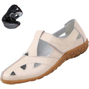 Women's Leather Boho Gladiator Sandals,Comfort Softsole Closed Toe Adjustable Ankle Strap Casual Hollow Beach Shoes