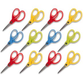 1InTheOffice Kids Scissors Pointed Tip, Pointed Safe Scissor for Kids, Kids Pointed End Scissors, Stainless Steel/Rubber Assorted Color"12 Pack"