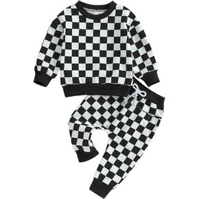Toddler Baby Boy Fall Winter Outfit Checkered Color Block Long Sleeve Sweatshirt Top Jogger Pants Cute Clothes Set