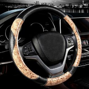 D-CC Four Seasons Wood Grain Steering Wheel Cover 15 Inch Universal Classic Style Anti-Slip Durable Car Wheel Protector Interior Accessories (Beige)