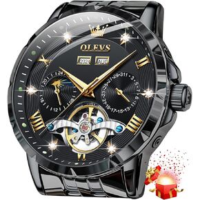 OLEVS Mens Automatic Watches Luxury Dress Diamond Self-Winding Skeleton Tourbillion Stainless Steel Moon Phase Watch for Men