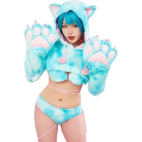 Women's Fluffy Pajama Set Furry Paw Lingerie Set Fluffy Blue Homewear Hooded Bra and Panty Set