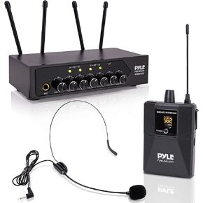 Pyle Portable UHF Wireless Microphone System - Battery Operated Four Bluetooth Cordless Microphone Set with 50 Channels Selectable Frequency, Receiver Base, AUX, for PA Karaoke DJ Party -PDWM4122