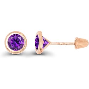 Solid 14K Gold Hypoallergenic 5mm Round Solitaire Birthstone Bezel Screw Back Stud Earrings