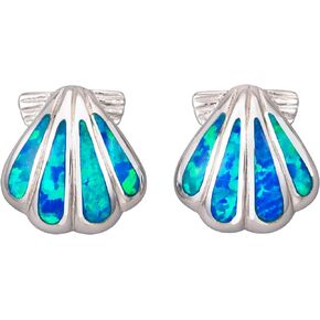 925 Sterling Silver Hawaiian Sunrise Seashell Stud Earrings Koa Wood Larimar Blue Opal Gemstone, Nickel Free Hypoallergenic for Sensitive Skin, Gift Box Included