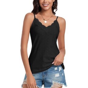 WOWENY Womens Summer Tank Tops Lace V Neck Eyelet Embroidery Loose Fit Spaghetti Strap Camisole Sleeveless Blouse Flowy
