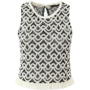 Women's Fringe Hem Crochet Knit Tank Tops Round Neck Stripe Cami Shirts Tees Sweater Vest Beach Cover Up