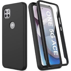 حافظة V/A لهاتف Motorola One 5G Ace مع واقي شاشة مدمج، حافظة حماية كاملة للجسم مقاومة للصدمات، [مصد أمامي متين للكمبيوتر الشخصي + غطاء خلفي ناعم من مادة TPU] حافظة هاتف واقية (أسود)