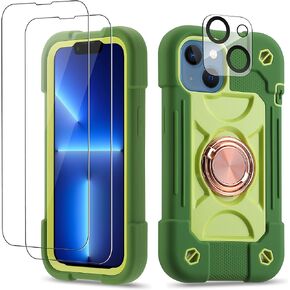 iPhone 14/13 Case 6.1" - Heavy-Duty Shockproof Military-Grade Rugged Cover with Ring Stand, Glass Screen Protector & Camera Lens Protector (Rainbow Pink)