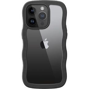 JETech Cute Case for iPhone 14 Pro 6.1-Inch, Wave Frame Curly Shape Shockproof Phone Cover for Women and Girls, Clear Hard PC Back (Black)