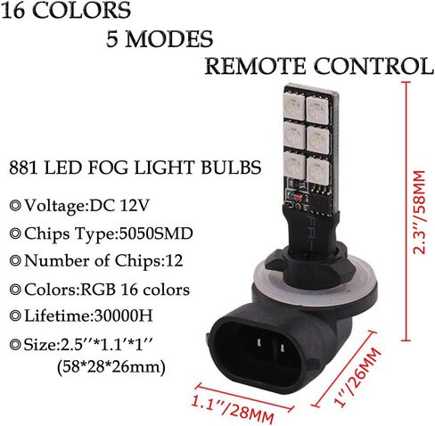 1797 881 LED RGB Fog Lights Bulb Amber Yellow White Multicolor 16 Color Changing Switch Kit Strobe Lamp Bulbs for Car Trucks Remote Control Switch Error Free Plug and Play 12V 5050SMD Replacement in Kuwait