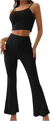 MakeMeChic Women's 2 Piece Lounge Pajamas Sets Rib Knitted Cami Crop Top with Pants Loungewear in Saudi Arabia