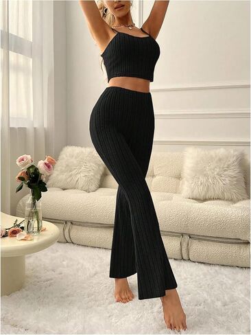 MakeMeChic Women's 2 Piece Lounge Pajamas Sets Rib Knitted Cami Crop Top with Pants Loungewear in Saudi Arabia