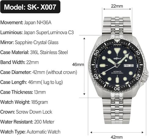 Heimdallr SKX007 Watches for Men, NH36A Movement Sapphire Crystal 200M Diving Automatic Watches C3 Luminous, 42mm Dial in Saudi Arabia