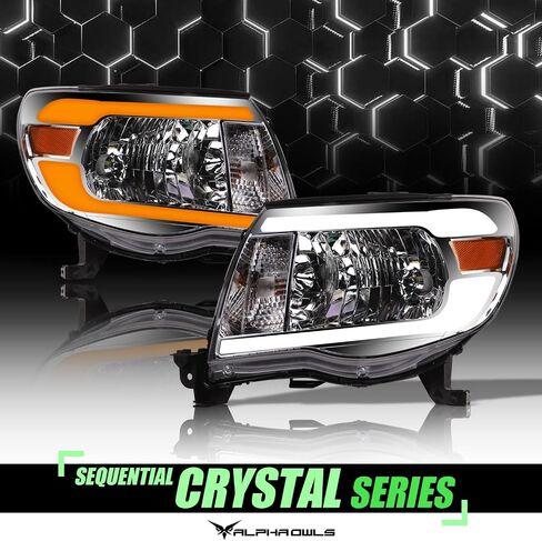 Alpha Owls 8717745 Crystal Headlights With White LED Light Bar - Black Amber Fits 2005-2011 Toyota Tacoma in Saudi Arabia