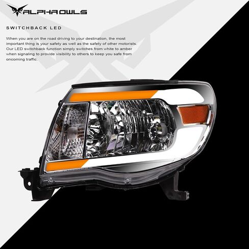 Alpha Owls 8717745 Crystal Headlights With White LED Light Bar - Black Amber Fits 2005-2011 Toyota Tacoma in Saudi Arabia