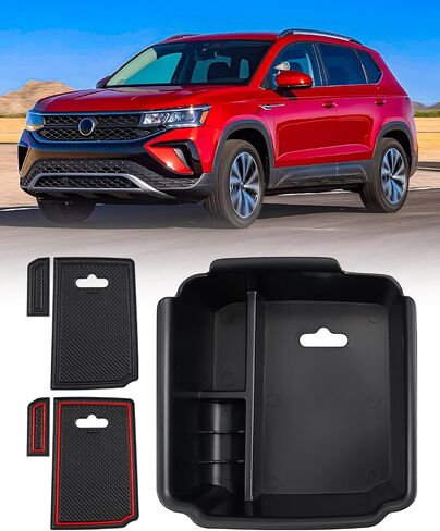 منظم وحدة التحكم المركزية من FIILINES لسيارة Volkswagen Taos 2022-2024، حاوية وحدة التحكم بمسند الذراع الثانوي مع حصائر حمراء وحصائر سوداء in Saudi Arabia