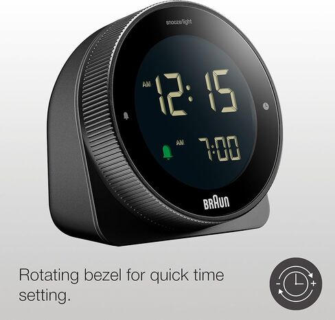 Braun Digital Alarm Clock with Snooze, Negative LCD Display, Rotating bezel for quick time setting, Crescendo Beep Alarm in Black, model BC24B. in Saudi Arabia