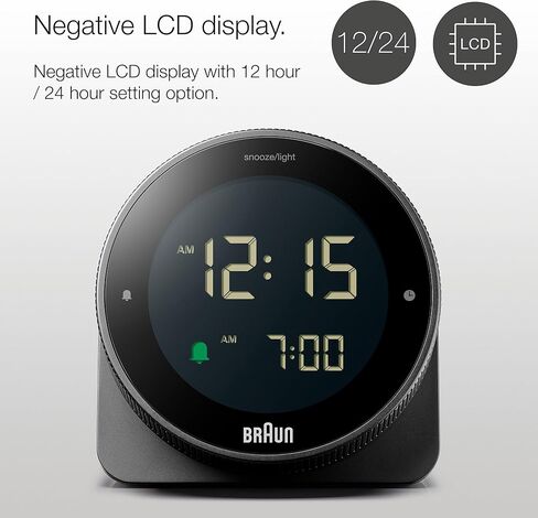 Braun Digital Alarm Clock with Snooze, Negative LCD Display, Rotating bezel for quick time setting, Crescendo Beep Alarm in Black, model BC24B. in Saudi Arabia