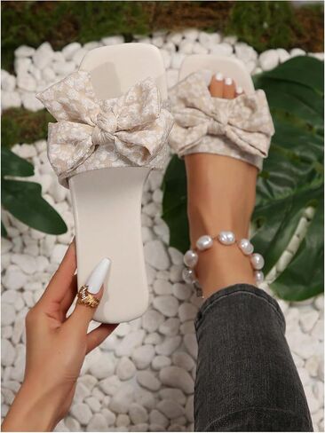 GORGLITTER Women's Floral Graphic Bow Decor Slide Sandals Square Open Toe Flats Beach Shoes in Saudi Arabia