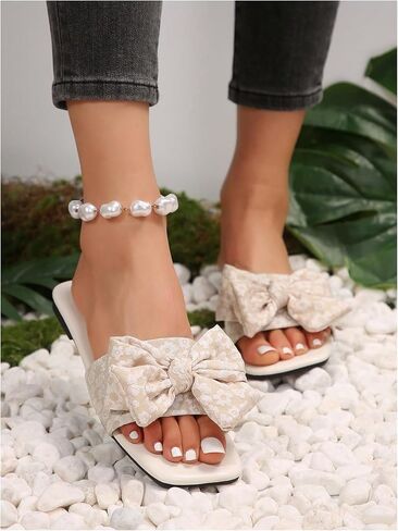 GORGLITTER Women's Floral Graphic Bow Decor Slide Sandals Square Open Toe Flats Beach Shoes in Saudi Arabia