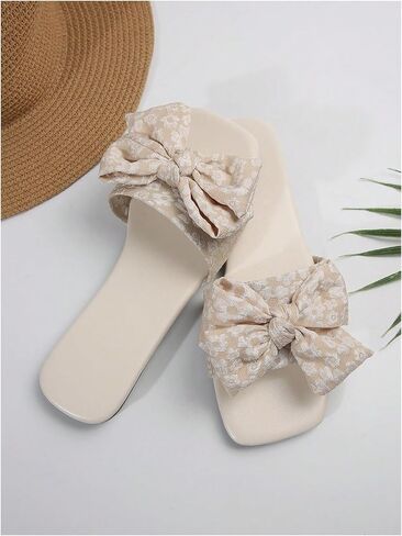 GORGLITTER Women's Floral Graphic Bow Decor Slide Sandals Square Open Toe Flats Beach Shoes in Saudi Arabia