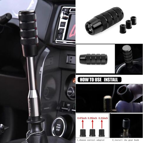 UGSHY 1 PC Car Gear Stick Shift Knob, 1.41" x 3.7" Knurled Stripe Anti-Slip Easy Grip Alloy Gear Shift Lever with 3 Thread Adapters M8 M10 M12, Universal Manual Automatic Transmission Vehicle (Black) in Saudi Arabia