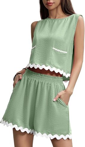 طقم شورت كاجوال مكون من قطعتين للسيدات بلا أكمام وسروال قصير ملابس شاطئ صيفية لطيفة مع 4 جيوب in Kuwait