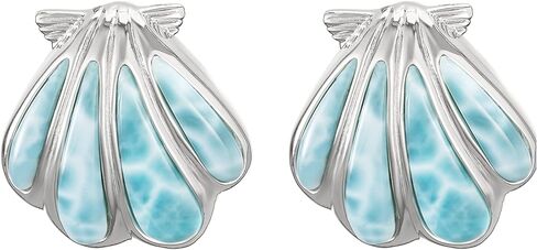 925 Sterling Silver Hawaiian Sunrise Seashell Stud Earrings Koa Wood Larimar Blue Opal Gemstone, Nickel Free Hypoallergenic for Sensitive Skin, Gift Box Included in Kuwait