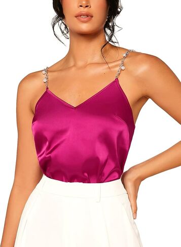 OYOANGLE Women's Satin Pearls Decor Sleeveless Chain Spaghetti Straps Cami Tops in Saudi Arabia