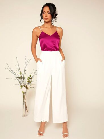 OYOANGLE Women's Satin Pearls Decor Sleeveless Chain Spaghetti Straps Cami Tops in Saudi Arabia