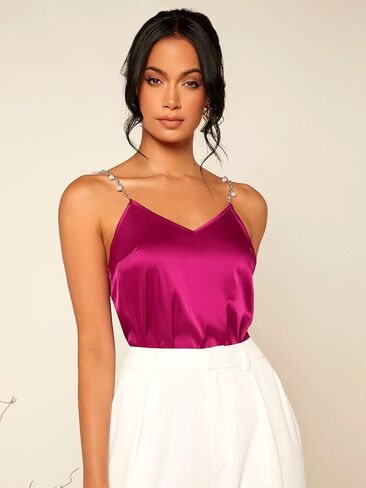 OYOANGLE Women's Satin Pearls Decor Sleeveless Chain Spaghetti Straps Cami Tops in Saudi Arabia