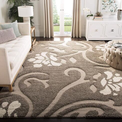 سجادة منطقة SAFAVIEH Florida Shag Collection - 5'3" x 7'6"، دخاني وبيج، تصميم زهور، لا يتساقط ويسهل العناية به، سمك 1.2 بوصة مثالي للمناطق ذات حركة المرور العالية في غرفة المعيشة وغرفة النوم (SG464-7913) in Saudi Arabia