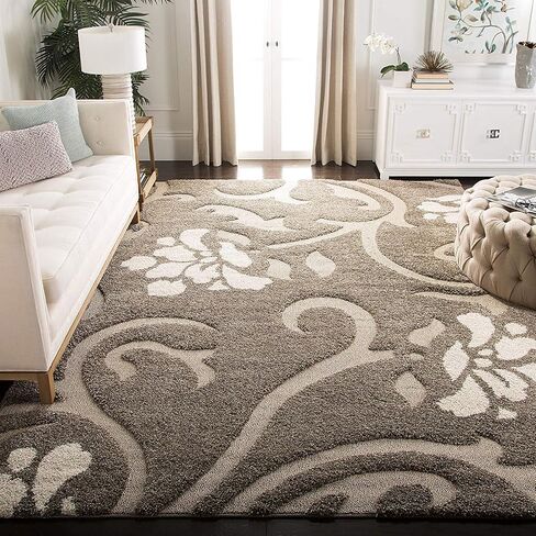سجادة منطقة SAFAVIEH Florida Shag Collection - 5'3" x 7'6"، دخاني وبيج، تصميم زهور، لا يتساقط ويسهل العناية به، سمك 1.2 بوصة مثالي للمناطق ذات حركة المرور العالية في غرفة المعيشة وغرفة النوم (SG464-7913) in Saudi Arabia