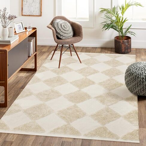 Collive Checkered Boho Bathroom Rugs, 2x3 Small Cute Throw Rug for Bedroom Modern Washable Bath Mats Cotton Woven Tufted Rug, Farmhouse Entryway for Kitchen Laundry Entrance Decor, Khaki in Saudi Arabia