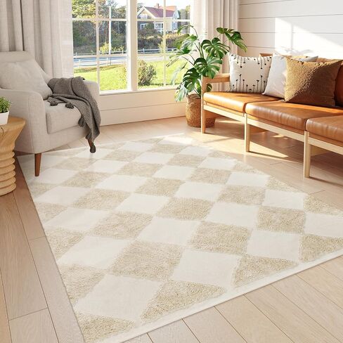 Collive Checkered Boho Bathroom Rugs, 2x3 Small Cute Throw Rug for Bedroom Modern Washable Bath Mats Cotton Woven Tufted Rug, Farmhouse Entryway for Kitchen Laundry Entrance Decor, Khaki in Saudi Arabia