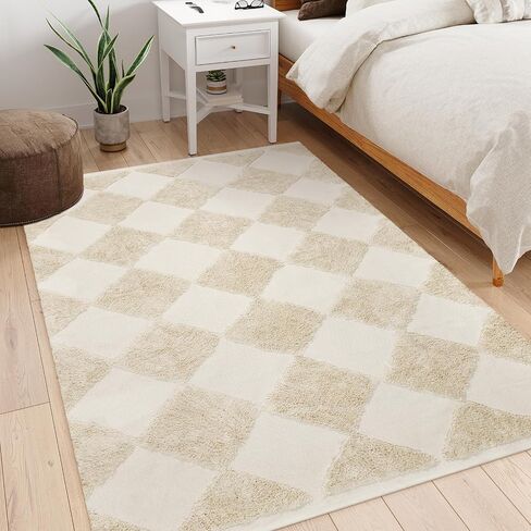 Collive Checkered Boho Bathroom Rugs, 2x3 Small Cute Throw Rug for Bedroom Modern Washable Bath Mats Cotton Woven Tufted Rug, Farmhouse Entryway for Kitchen Laundry Entrance Decor, Khaki in Saudi Arabia
