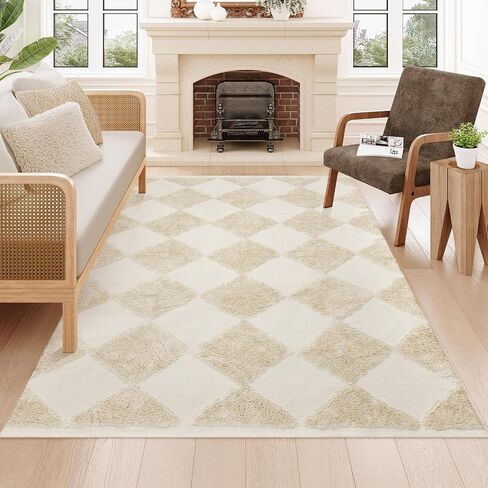 Collive Checkered Boho Bathroom Rugs, 2x3 Small Cute Throw Rug for Bedroom Modern Washable Bath Mats Cotton Woven Tufted Rug, Farmhouse Entryway for Kitchen Laundry Entrance Decor, Khaki in Saudi Arabia