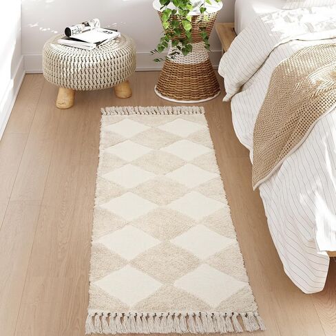 Collive Checkered Boho Bathroom Rugs, 2x3 Small Cute Throw Rug for Bedroom Modern Washable Bath Mats Cotton Woven Tufted Rug, Farmhouse Entryway for Kitchen Laundry Entrance Decor, Khaki in Saudi Arabia