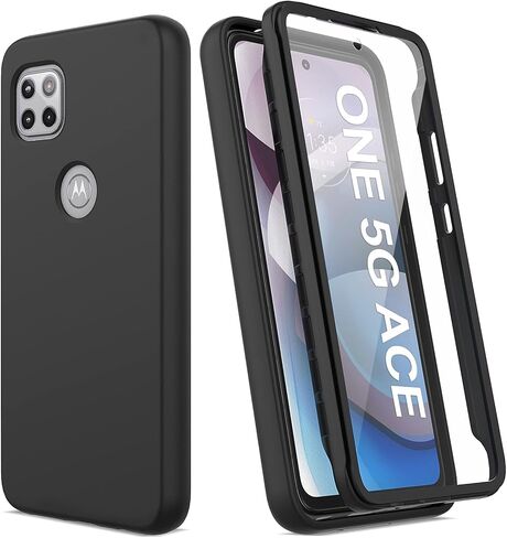 V/A for Motorola One 5G Ace Case with Built-in Screen Protector, Full Body Protection Shockproof Cover Case, [Rugged PC Front Bumper + Soft TPU Back Cover] Armor Protective Phone Case (Black) in Saudi Arabia