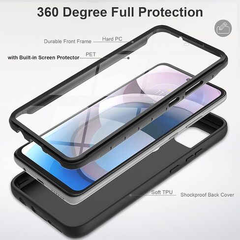 V/A for Motorola One 5G Ace Case with Built-in Screen Protector, Full Body Protection Shockproof Cover Case, [Rugged PC Front Bumper + Soft TPU Back Cover] Armor Protective Phone Case (Black) in Saudi Arabia