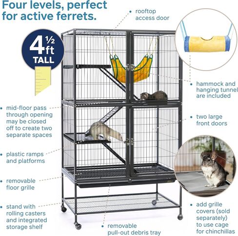 Prevue Pet Products Feisty Ferret Home with Stand, Black Hammertone with Hammock and Suede Ferret Tunnel 485 in Kuwait