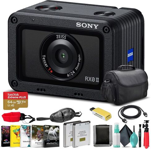 Sony RX0 Ultra-Compact Waterproof/Shockproof Camera DSC-RX0, 64GB Memory Card, 2 x ENEL19 Battery, Case, Card Reader, Corel Photo Software, Flex Tripod, Hand Strap, Memory Card Wallet, and More in Saudi Arabia