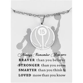 Basketball Number Necklace with Message Card You're Braver than You Believe Jersey Number Necklace Inspirational Gift for Men Boy