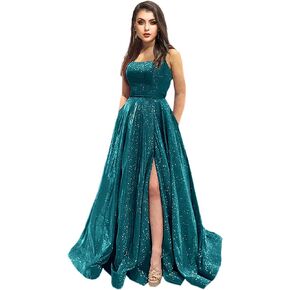 Topfountonart Women's Prom Dresses Formal Evening Dress Spaghetti Straps Neck Glitter Party Dress with Pockets